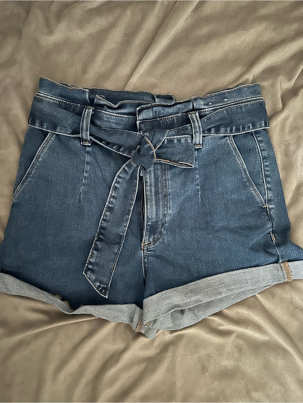 High-Waist Denim Paperbag Tie Shorts - Dark Blue